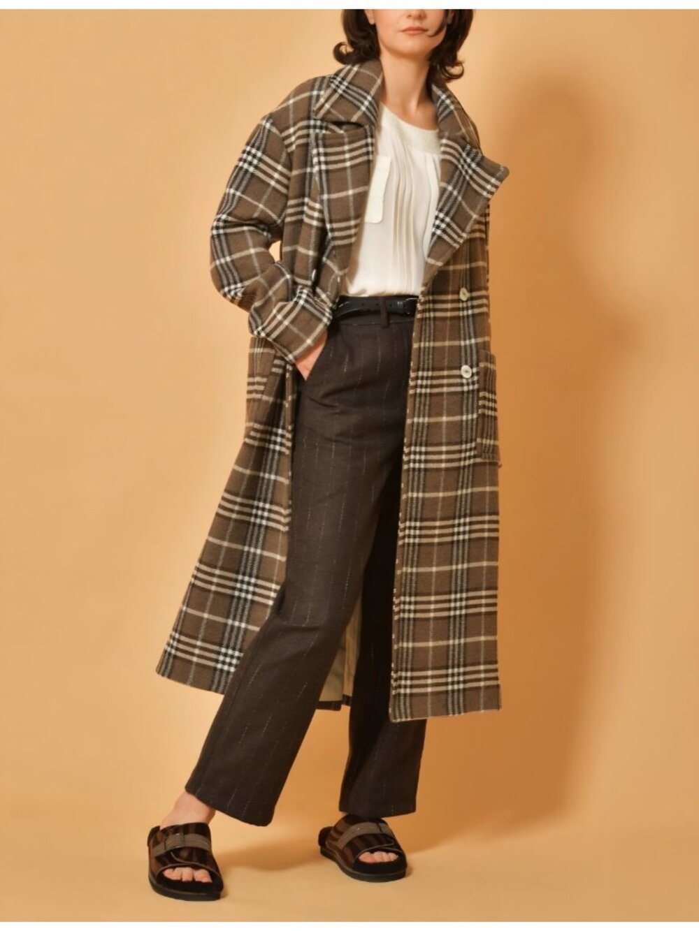 Chloe Stora Plaid Urban Chic Smart Casual Contemporary Wool Peacoat Women's 38